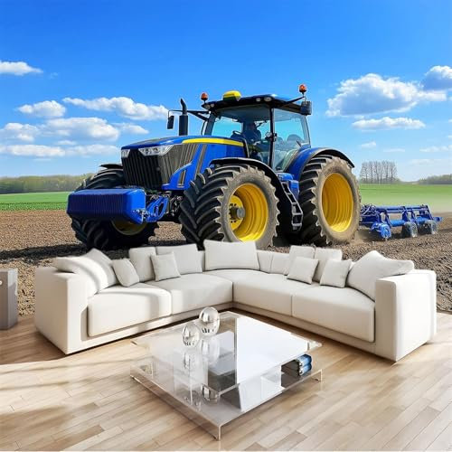 Papier Peint Panoramique 3D, Intissé Photo Mural Tracteur Agricole Moderne Poster pour Salon Chambre Mur de fond Chambre des Enfants Bureau Bleu Décoration de Maison 200 x 140 CM