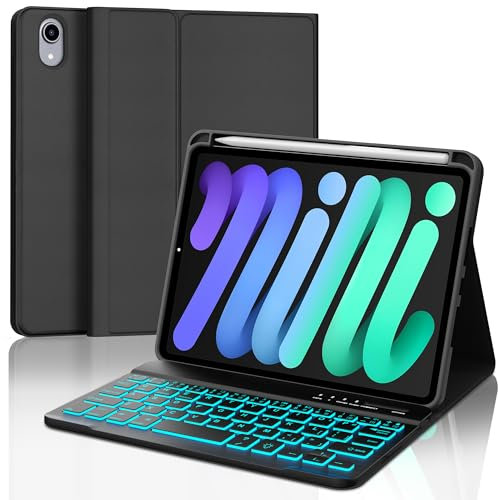 iPad mini 7th (A17 Pro) 2024 Case with Keyboard & Backlit Keyboard Case for iPad mini 6th Gen 2021 8.3 inch, 7 Colors Backlight Keypad Cover for Mini-7/6 Generation, Built-in Apple Pen Holder, Black