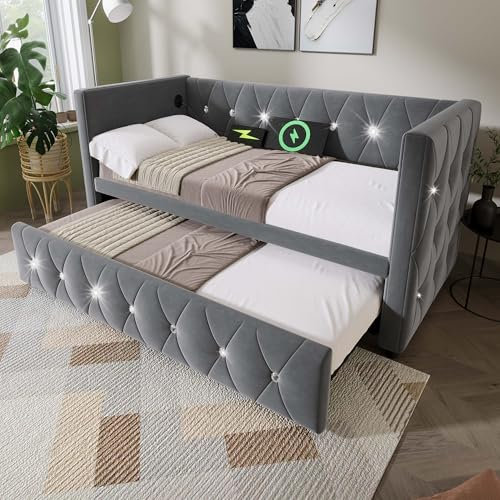 RIAZOS Daybed Single Upholstered Bed Sofa Bed with USB &Type C Charging Sations, 3FT Single Bed 90x190cm with Trundle,Pull out Trundle for Living Room and Bedroom, Velvet (Gray)