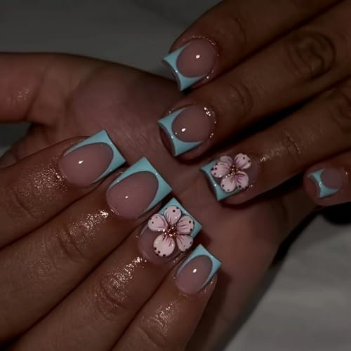 GlamRays 24 Pièces Stickers Fleurs Ongles Bleu Pointe Française Faux Ongles Extra Court Carré Faux Ongles avec Designs Fleur 3D Relief Printemps