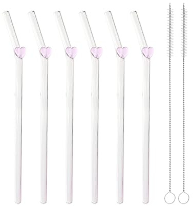 JIHUOO Lot de 6 pailles réutilisables en verre courbé en forme de cœur avec 2 brosses de nettoyage