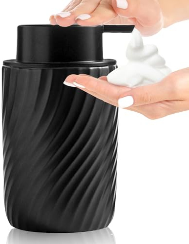 Distributeur de Savon en céramique 340 ML,Distributeur Savon,avec Grande tête de Pompe, Rechargeable, pour Salles de Bains et Éviers de Cuisine, Noir