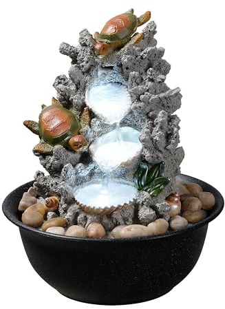 Indoor Tabletop Turtle Water Fountain with LED Light – Coastal Sea Life Desk Waterfall Feature with Soothing Sounds and River Rocks, Ocean Zen Decor for Home Office