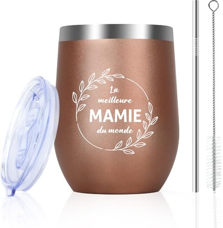 Idee Cadeau Mamie Original Fête Des Grands-mères Verre a Vin Cadeau Mamy | Anniversaire Grand Parent Famille Maison Retraite Femme Agee 355ml Tasse à Café En Acier Paille Saint Valentin Fête Des Mères