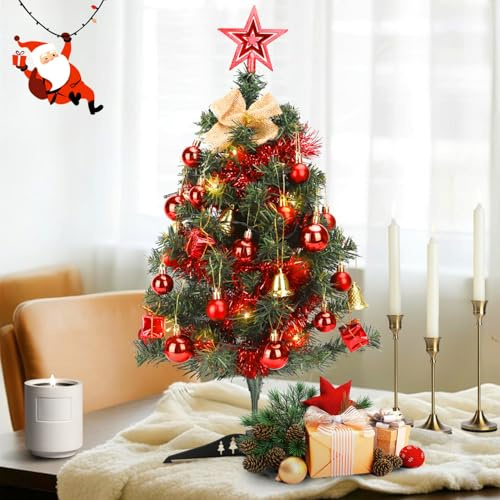 Aigostar Weihnachtsbaum Künstlich mit Beleuchtung 30 LEDs 2pcs, Christmas Tree 60 cm, Weihnachtsbaum Klein mit 42 Hängeschmuckstücken, Ideal für die Weihnachtsdekoration in Innenräumen