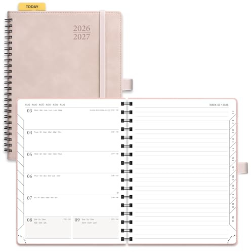 POPRUN Kalender 2026 2027 Spiralbuch mit Softcover ca.A5(21,8 x 16,4cm) | 17-Monate-Terminplaner,(Aug.2026-Dez.2027),Wochenplaner 2026 2027,1 Woche 1 Seite,Terminplaner(Rosa)