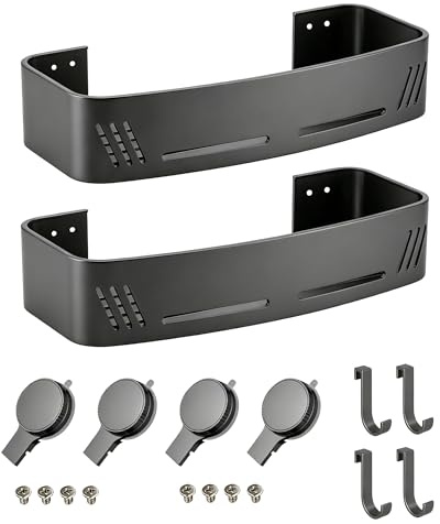 PHX Grove Gun Grey Shower Caddy, 2 Pack Suction Cup Shelves with Hooks | No-drill aluminium bathroom organizers for smooth tile, glass and mirror surfaces inside the shower