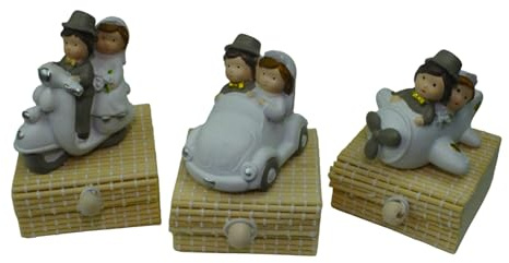 DLM-A1387 Bomboniere 12 utili scatoline portaconfetti in bambu cm 8x6x6 circa con statuine coppia sposi su auto moto aereo tema viaggio per confettate segnaposti di Matrimonio e anniversario