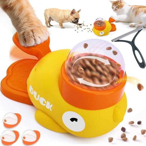 WEIWOGU Fuzzibud Enten-Katzenfutterautomat, Fuzzibud Enten-Leckerli-Spender für Katzen, 2-in-1 interaktives Hundespielzeug & Futterautomat, Futterspender mit 3 verstellbaren Deckeln (Yellow)