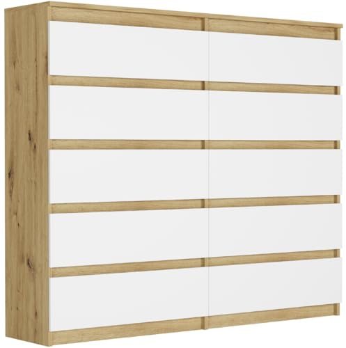 Framire Hohes Highboard Artisan Eiche/Weiß 140x40x120 cm – breite Kommode mit 10 Schubladen, XXL Sideboard für Wohnzimmer, Schlafzimmer & Flur, Modern R-140-S10