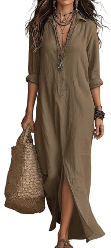 Blusenkleid Damen Langarm Sommerkleid Leicht Tunika Kleid Sommer Maxikleider Elegant Strandkleid Frauen Casual Frühling V Ausschnitt Freizeitkleider mit Schlitz