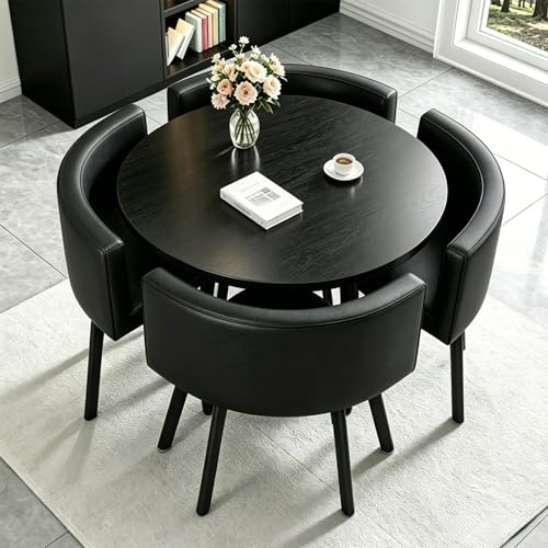 AMZSEW Essgruppe 5-Teilig, Küchenstühle Runder Esstisch und 4 Kunstleder Esszimmerstühle, Küchentisch esszimmertisch 80 cm, für 4-6 Personen, für Esszimmer, Küche, Wohnzimmer, Modern (BLACK1)