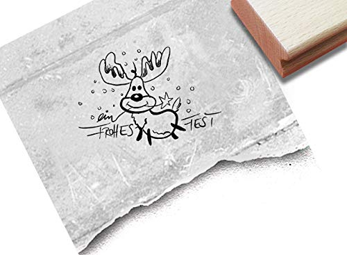 Stempel Weihnachtsstempel Ein frohes Fest mit Elch, 3 Größen - Textstempel Weihnachten Karten Geschenkanhänger Basteln Weihnachtsdeko - zAcheR-fineT (klein ca. 26 x 39 mm)