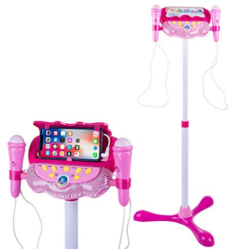 Teckpeak Kids Karaoke Machine with 2 Microphones, Lights, USB & 3.5mm Jack Connectivity, Pink, Playful Style