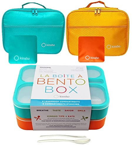 Bento Box mit Lunchtasche und Eisbeutel Set | 2 Boxen, Taschen, Kaltpacks für Kinder Erwachsene | Vorteilsbehälter für Schulmittagessen oder Snack, 6 Fächer auslaufsicher BPA frei, blaugrün, orange