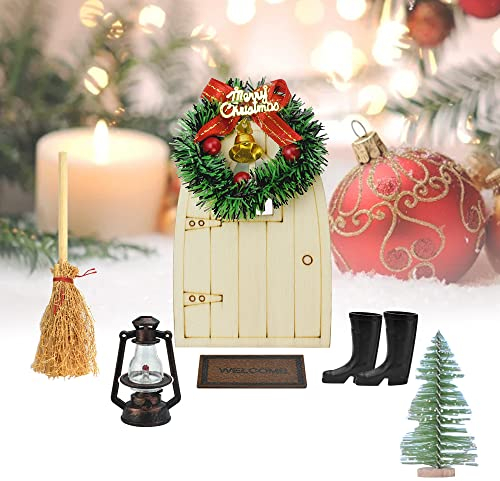 TANCUDER 7 PCS Casa de Muñecas de Navidad Decoración en Miniatura de Navidad Puerta de Elfo Árbol de Navidad Corona Lámpara de Aceite Botas Alfombra Escoba para Micro Decoración Navideña Escritorio