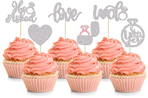 24 Stück He Asked She Said Yes Cupcake-Topper, Silber-Glitzer-Herz-Ring, Junggesellinnenabschied, Cupcake-Picker, Love I Do-Kuchendekorationen für Hochzeit, Verlobung, Brautparty, Kuchendekorationen