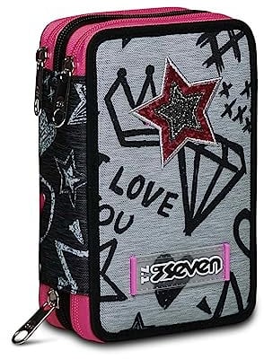 Seven Federmäppchen, Mäppchen, Mehrfarbig, Federtasche für Schreibwaren, Etui komplett mit Bleistiften, Filzstiften, Schulmaterial, mit 3 Fächern, Mädchen, Schule - Grundschule, XXL Love rosa grau