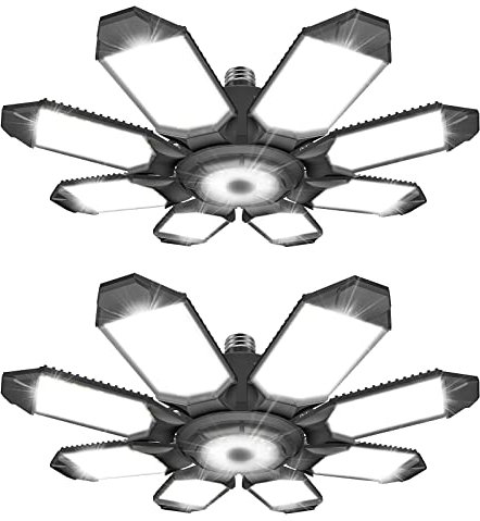 DEEIRAO LED Garage Ceiling Light, 260W 26000LM 6500K Deformable with 8+1 Adjustable Panels Commercia Bay Lamp for E26/E27 Screw Socket,Basement,Barn,Workshop,Attic (2 Packs)