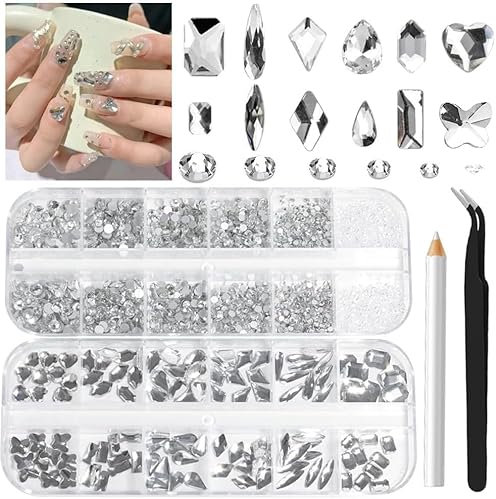 3D Rhinestones 18 Styles Glass Crystal White Nail Pendants Flat Back Rhinestones Transparent Charm Gemstone Jewelry Diamond for DIY Crafts Decoration