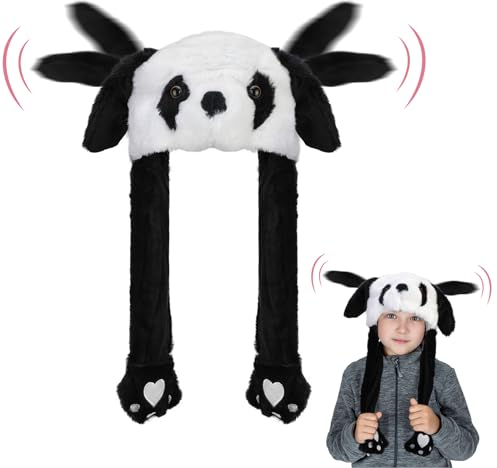 Hifot Panda Mütze mit Beweglichen Ohren, Plüsch Panda Mütze mit Wackelohren, Lustige Hüte Warm Panda Hut mit Ohren Panda Mütze mit Ohren für Mädchen Damen Halloween Geburtstag Cosplay Geschenk
