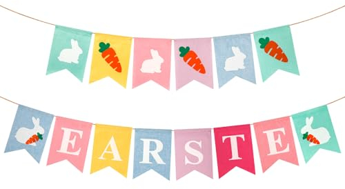2stk Frohe Easter Banner, Vorbespannt Bunte Ostergirlande Karottenhasen-Wimpelkette Frühlings-Hängedekoration Partyzubehör für Kamin Kaminsims Wand Fenster