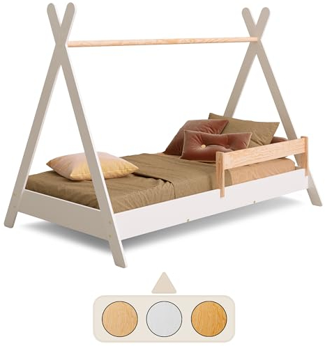 smartwood Lit Cabane Enfants 70x140 - Lit Enfant TIPI Blanc en Bois de Pin Certifié FSC avec Barrière et Sommier jusqu'à 230 kg - pour Fille et Garçon - Montage Facile