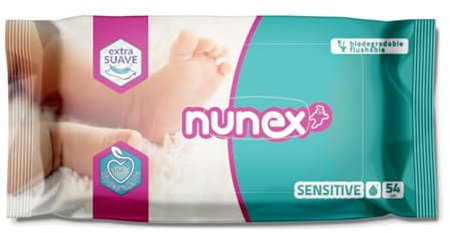 Toallitas Bebe Nunex Sensitive. Toallitas Humedas Bebe. Toallitas infantiles con Ingredientes Naturales. Toallitas biodegraables con Avena y Proteína de Soja. Pieles Sensibles. Pack14 paquetes x 54ud.