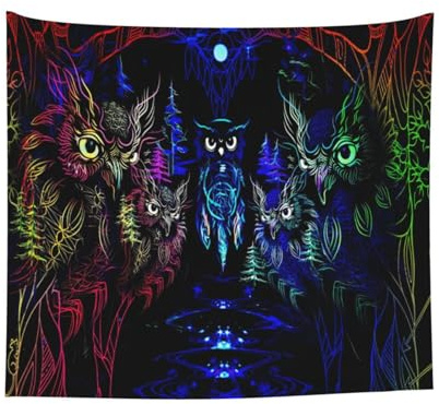 Roninkier Schwarzlicht UV-Wandteppich Aesthetic Psychedelic - Wandbehang Wanddekoration Eulen Wandtücher, Wandteppich kinderzimmer, Trippy Wandteppiche für Schlafzimmer (200 x 150cm)