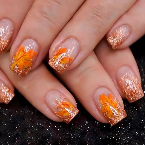 Calkkrer Lot de 24 faux ongles à presser sur les ongles d'automne, motifs brillants, avec feuille d'érable, faux ongles, orange et scintillant, faux ongles pour manucure d'automne