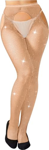 MESU Medias de red brillantes para mujer, medias de red con diamantes de imitación de cintura alta, color carne, Talla única