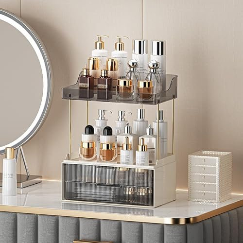 KJIXYUNG 2-Tier 2-Schublade Make Up Organizer für hohe Volumen Frauen - Mehrzweck Countertop Vanity Organizer für Schminktisch - Großer Organizer für Hautpflege in Schwarz.