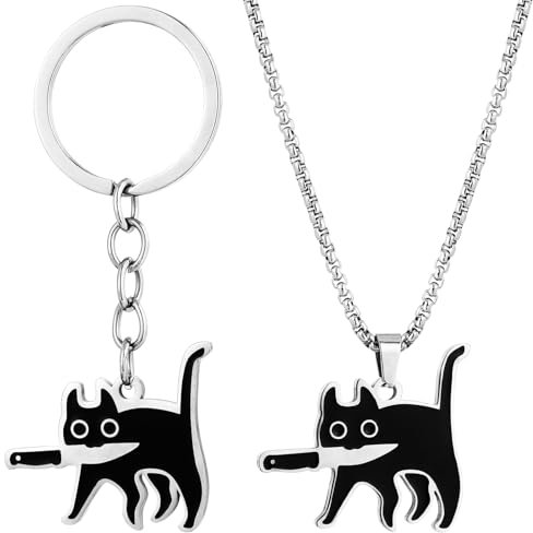 GTNCE Schwarzer Katzen Schlüsselanhänger und Halskette Set, Lustiger Kätzchen Schlüsselanhänger mit Messer, Schwarze Knifecat Halskette, Cooles Katzendekor für Paare, Geschenke für Katzenliebhaber