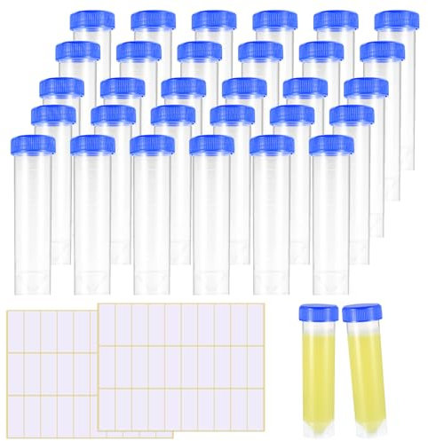 26 Stück 50ml Reagenzglas Kunststoff Reagenzgläser mit Kappen, Zentrifugenröhrchen 50ml, Leere Probenröhrchen mit Schraubverschluss, Probenbehälter für Labor Liquids Spices, mit Aufkleber