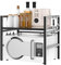 Xinng 2-Tier Expandable Microwave Shelf Stand with 6 Hooks, Adjustable Width (40-60cm), Sturdy Carbon Steel Kitchen Organizer for Countertop, Baker Rack, Holds Pots, Pans & Utensils
