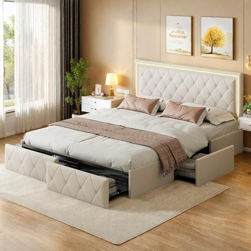 SHAODENG LED Polsterbett 140x200, Bett mit 2 Schubladen und Lattenrost, Verstellbares Kopfteil, Jugendbett Stauraumbett Funktionsbett Bettgestell Rückenlehne, Beige, PU, Ohne Matratze