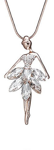 Collana alla moda da donna, con ciondolo a forma di ballerina con strass brillanti + catena lunga e placcato Argento, colore: oro rosa, cod. XL08013
