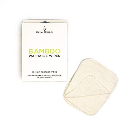 Mama Designs Bamboo Reusable Baby Wipes - 10 Eco Friendly Super Soft Washable Baby Cloths, Naturally Absorbent & Antibacterial Flannels for Delicate Skin Face Hands