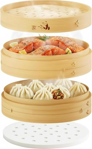 Prime Home Direct Bamboo Steamer Basket 12-Inch | 2-Tier | 100% Organic Bamboo | Complete Kit: 50 Liners, Chopsticks & Ceramic Sauce Dish | Steam Dumplings, Bao Buns, Dim Sum, Vegetables