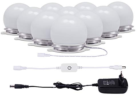 LED Spiegelleuchte Hollywood Stil, AIBOO 10 Schminktisch Dimmbar, Spiegel Schminklicht mit Netzteil, Natürliches Weiß Make Up Licht für Schminkspiegel, Kosmetikspiegel, Spiegel Nicht Inbegriffen