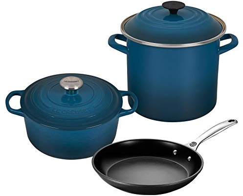 Le Creuset 5-Piece Oven and Stovetop Cookware Bundle - 4-1/2 QT Round Dutch Oven, 8 QT Covered Stockpot, and 10 Toughened Nonstick Pro Fry Pan - Deep Teal