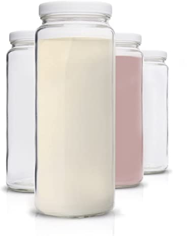 All About Juicing Lot de 4 bouteilles en verre de 946 ml à large goulot avec couvercles pour stockage de jus, smoothies, eau, lait, boissons – Grande carafe transparente, durable, réutilisable, passe