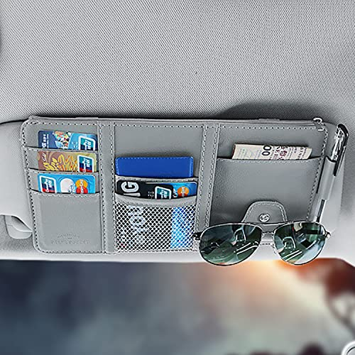 VIKSAUN Organizer Per Parasole Per Auto, PU Leather Organizzatore Visiera,Accessori interni per auto, Organizzatore per Visiera, per Carta, Cellulare, Penna, Supporto Occhiali Sole (Grigio)