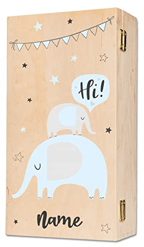 GRAVURZEILE Bedruckte Holzkiste für Kinder- Elefant Blau Design - Personalisiert mit Wunschtext - ca.32x19x9 cm - Erinnerungsbox Aufbewahrungsbox aus Holz - Farbe: Kleine UV Kiste