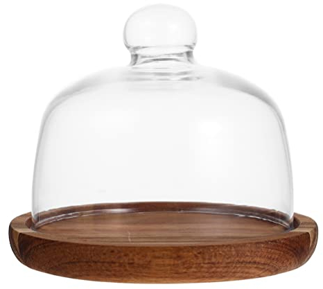 Luxshiny Glass & Wood Dessert Display Stand with Cover - 20cm Multi-Function Cake Plate for Weddings, Afternoon Tea & Kitchen Storage (Transparent)