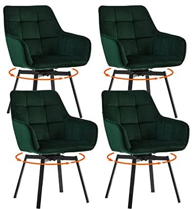 LEMROE 360° Swivel Dining Chairs Set of 2/4 Velvet Upholstered Desk Chairs without Wheels Ergonomic Office Chair with Arms and Metal Legs for Home Study (green-rectangular pattern, 4pcs)