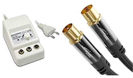 Metronic - 332177, Amplificatore antenna TV da interno per canali TDT, compatibile 4G/5G, 26 dB, 2 uscite con presa TV 9,52 mm, bianco & KabelDirekt – 2m Cavo Antenna Coassiale, PRO Series