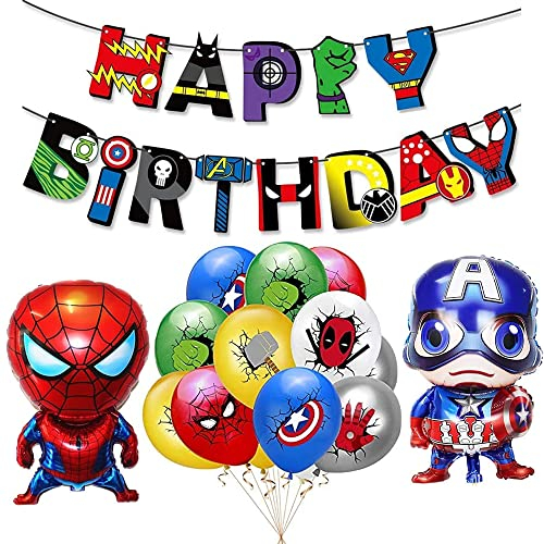 YOOYEH Superheld Avengers Geburtstag Party Dekorationen, 1 Happy Birthday Banner 12 Latexballons 2 Große Folienballons Superheld Geburtstag Party Dekoration Supplies für Jungen Mädchen