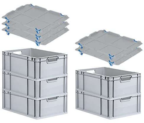 PROREGAL SparSet 5x Eurobox NextGen Grip mit Auflagedeckel & 4 blauen Schiebeschnappverschlüssen, HxBxT 22x40x60cm, 44 L, Grau, Griffe offen, Eurobehälter, Transportbox