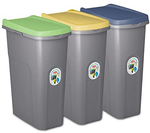 Home Centre Set of Three 40L Lift Top Lid Waste Bins Kitchen School Slim Recycling General Trash & Rubbish Storage Organiser Container Dustbin Sturdy Quality Made in Italy